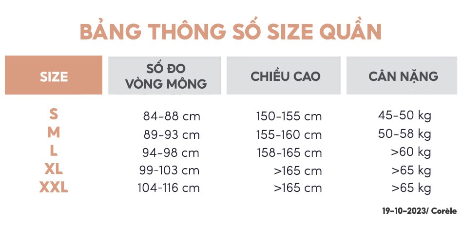 Bảng hướng dẫn chọn size quần